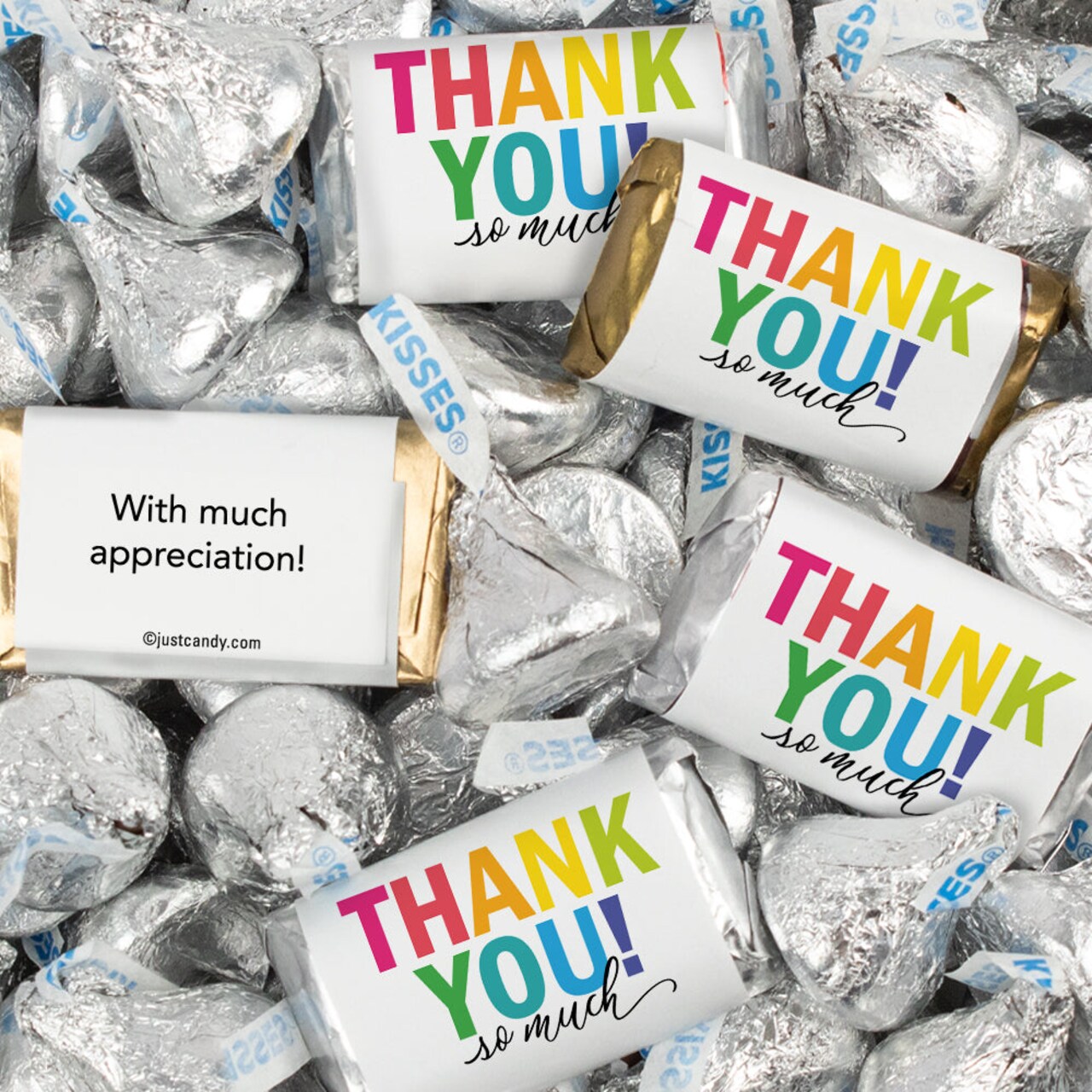 128 Pcs Thank You Candy Favors Hershey's Miniatures & Kisses - Colorful Thanks